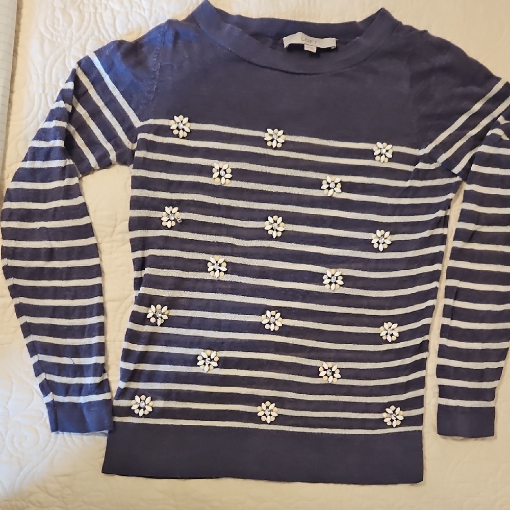 LOFT Navy Striped Sweater with Floral Details